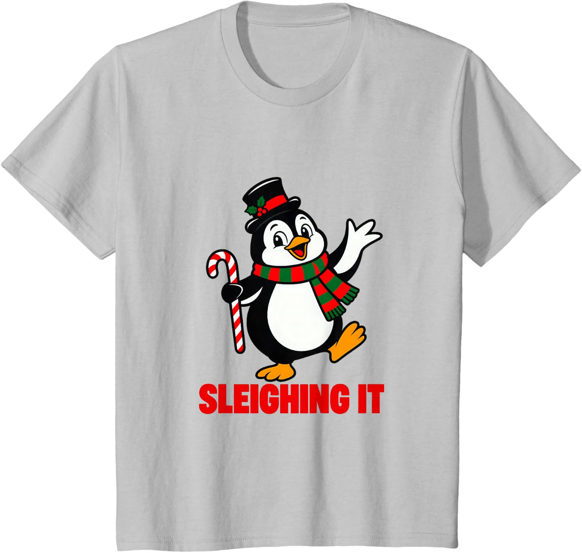 Sleighing It Funny Christmas Penguin T-Shirt - Silver Grey