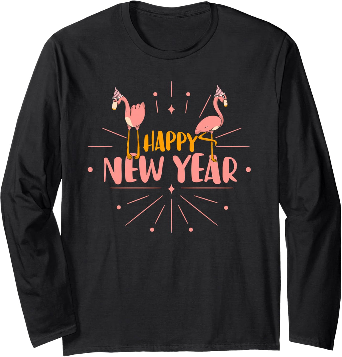 Happy New Year Party Eve Firework Flamingo New Year Long Sleeve T-Shirt - Adult Unisex Black