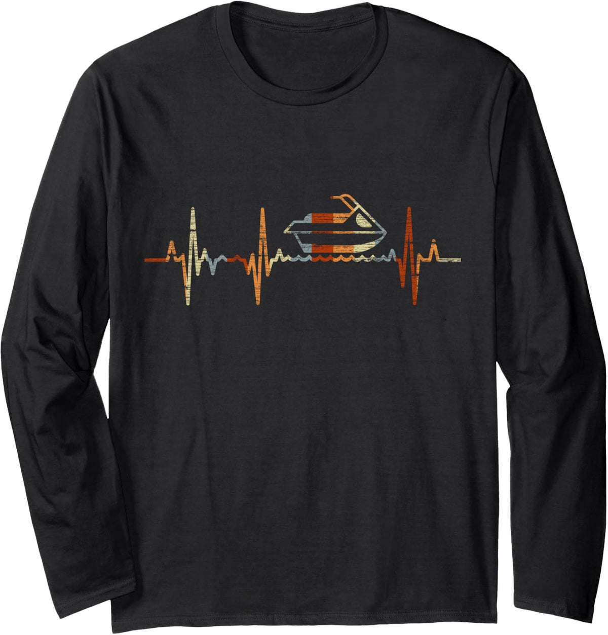 Jet Skiing Heartbeat Vintage ECG Cardiogram Retro Long Sleeve T-Shirt - Adult Unisex Black
