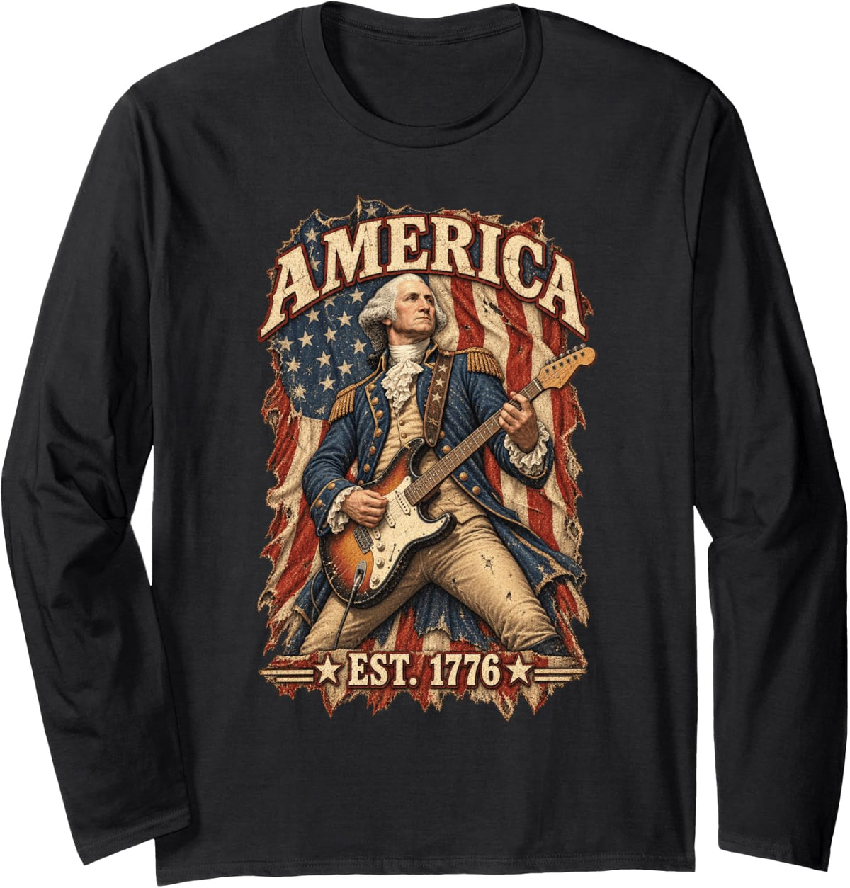 George Washington Playing Guitar Funny 4th of July President Long Sleeve T-Shirt - Adult Unisex Black