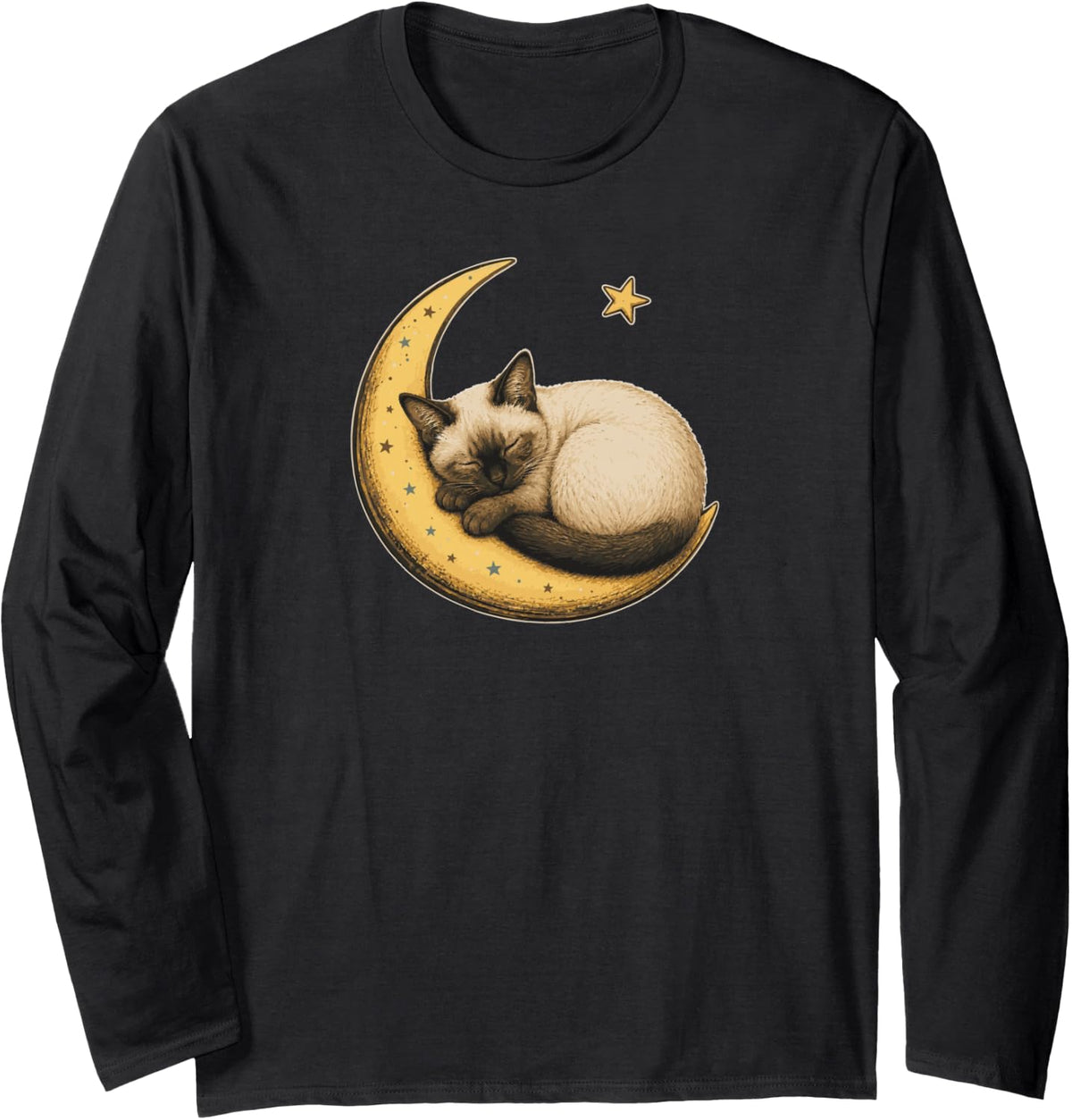 Sleeping Siamese Cat on Crescent Moon Celestial Art Long Sleeve T-Shirt - Adult Unisex Black