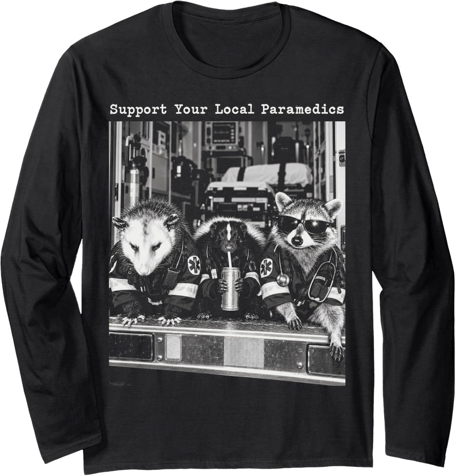 Opossum Skunk Raccoon Paramedic Crew Funny EMS Animals Long Sleeve T-Shirt - Adult Unisex Black