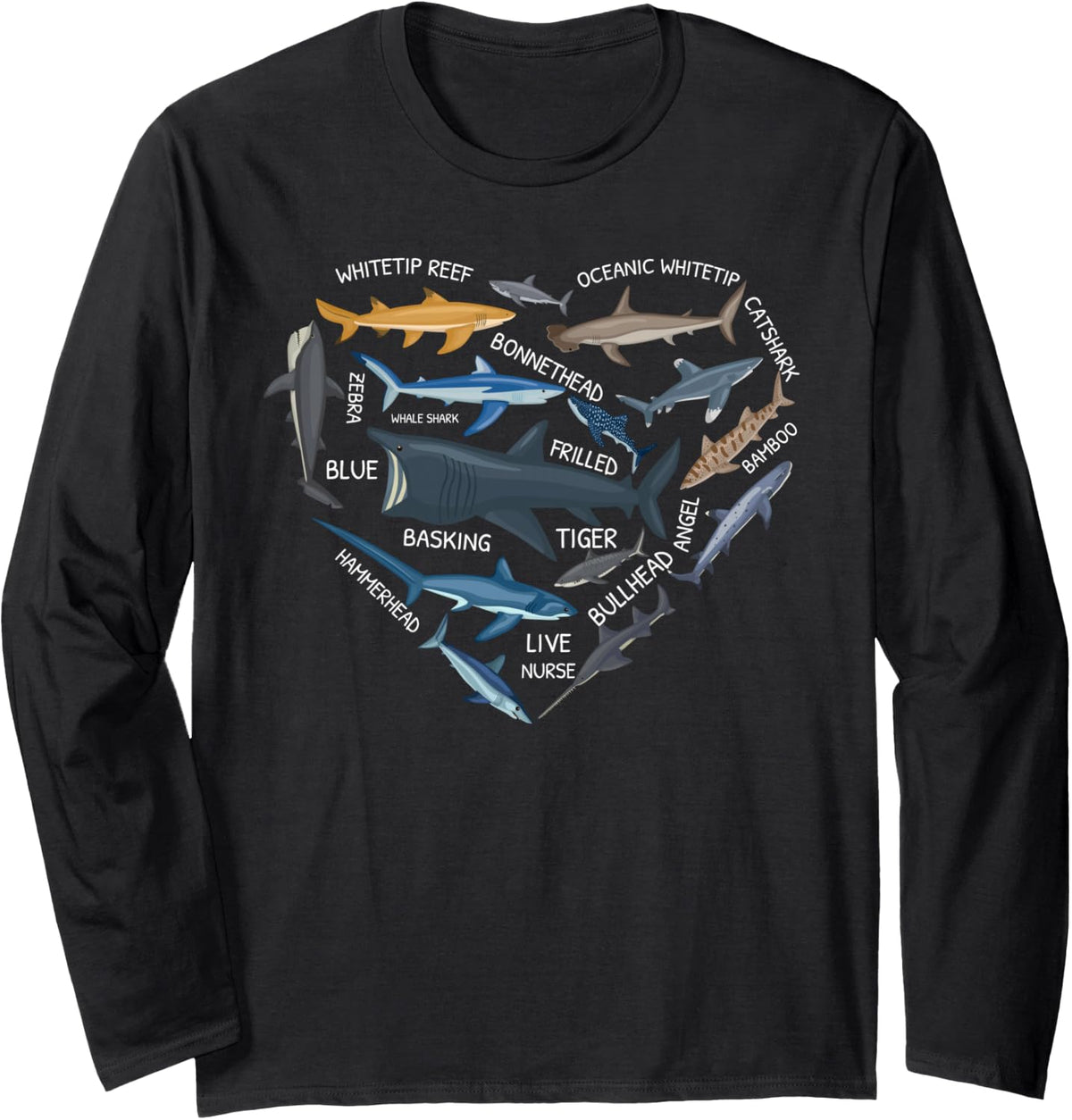 Shark Lover Marine Biology Sea Animal Underwater Long Sleeve T-Shirt - Adult Unisex Black