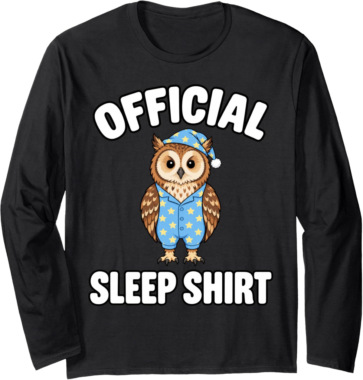 Owl Sleeping in Pajamas Official Sleepshirt Cute Long Sleeve T-Shirt - Adult Unisex Black