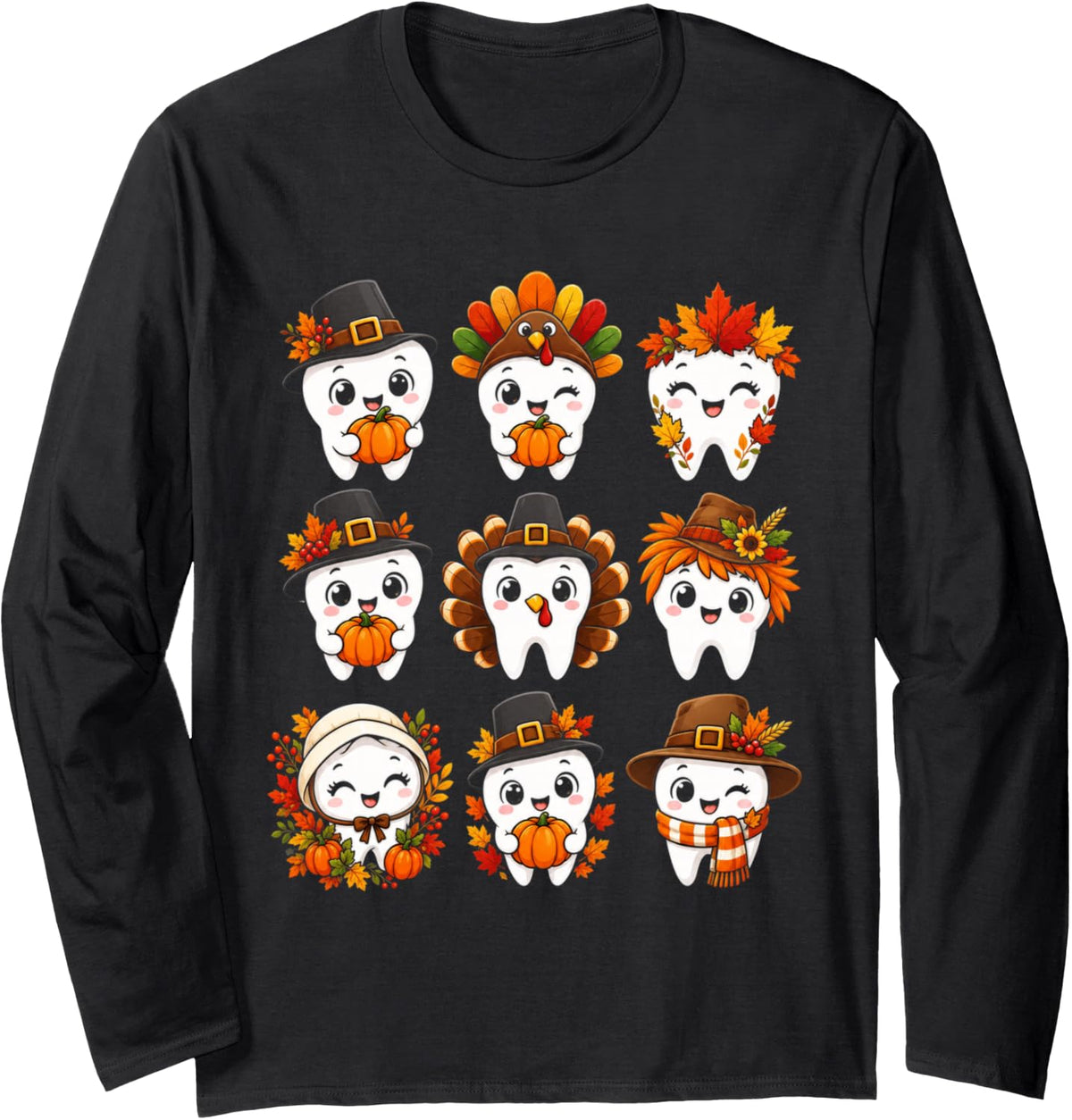 Dental Squad Dentist Teeth Assistant Pumpkin Coffee Turkey Long Sleeve T-Shirt - Adult Unisex Black