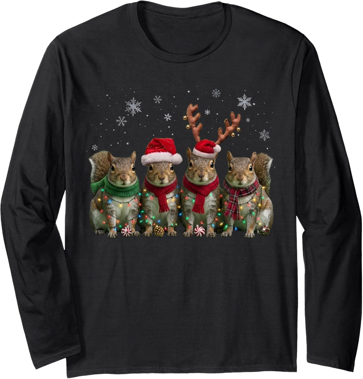 Christmas Lights Squirrel Xmas Funny Squirrel Santa Reindeer Long Sleeve T-Shirt - Adult Unisex Black