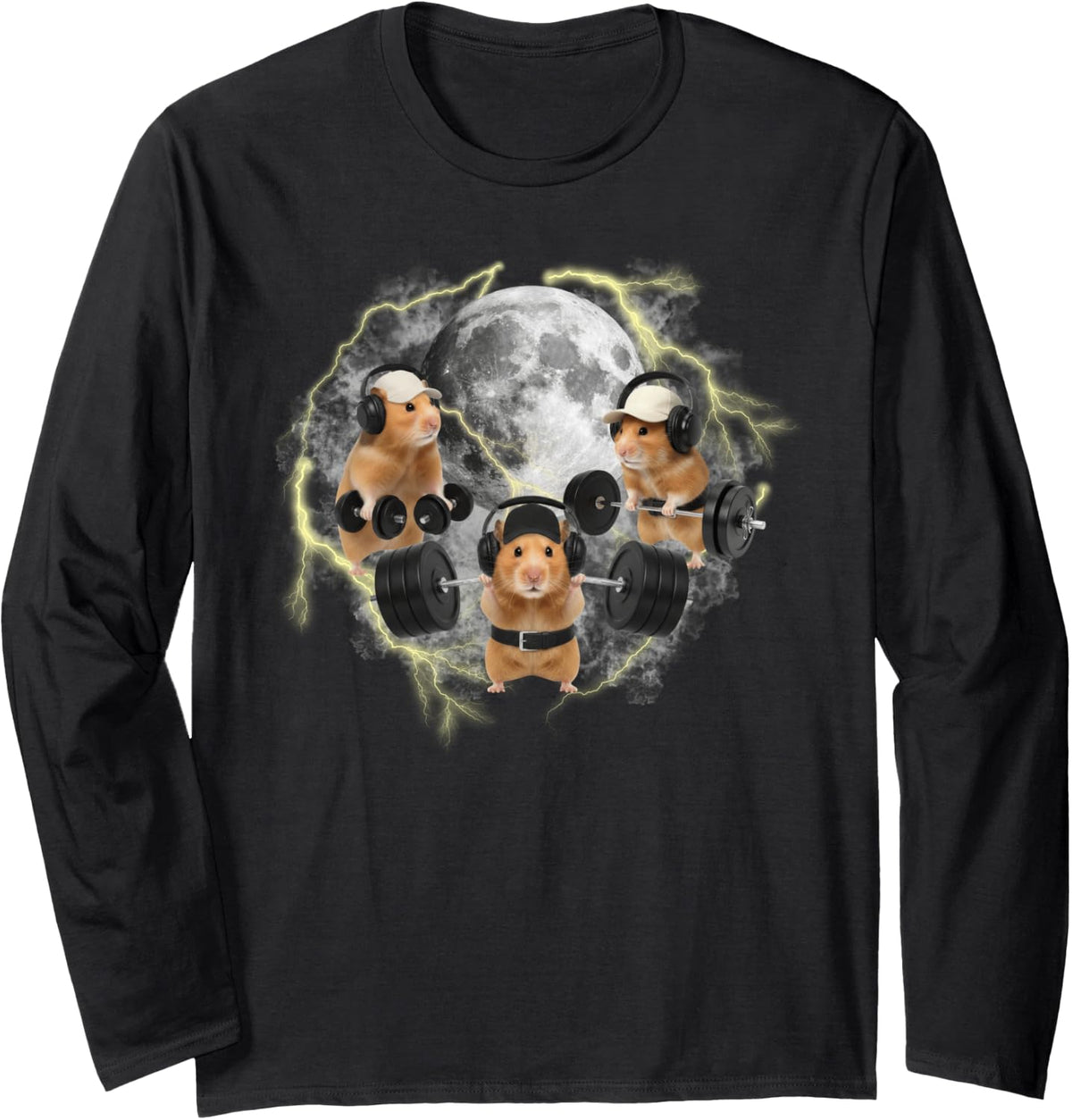 Funny Hamster Weightlifting Gym Workout Three Hamster Moon Long Sleeve T-Shirt - Adult Unisex Black