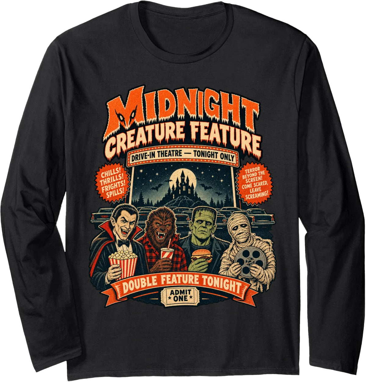 Vintage Halloween Midnight Creature Feature Horror Movie 80s Long Sleeve T-Shirt - Adult Unisex Black