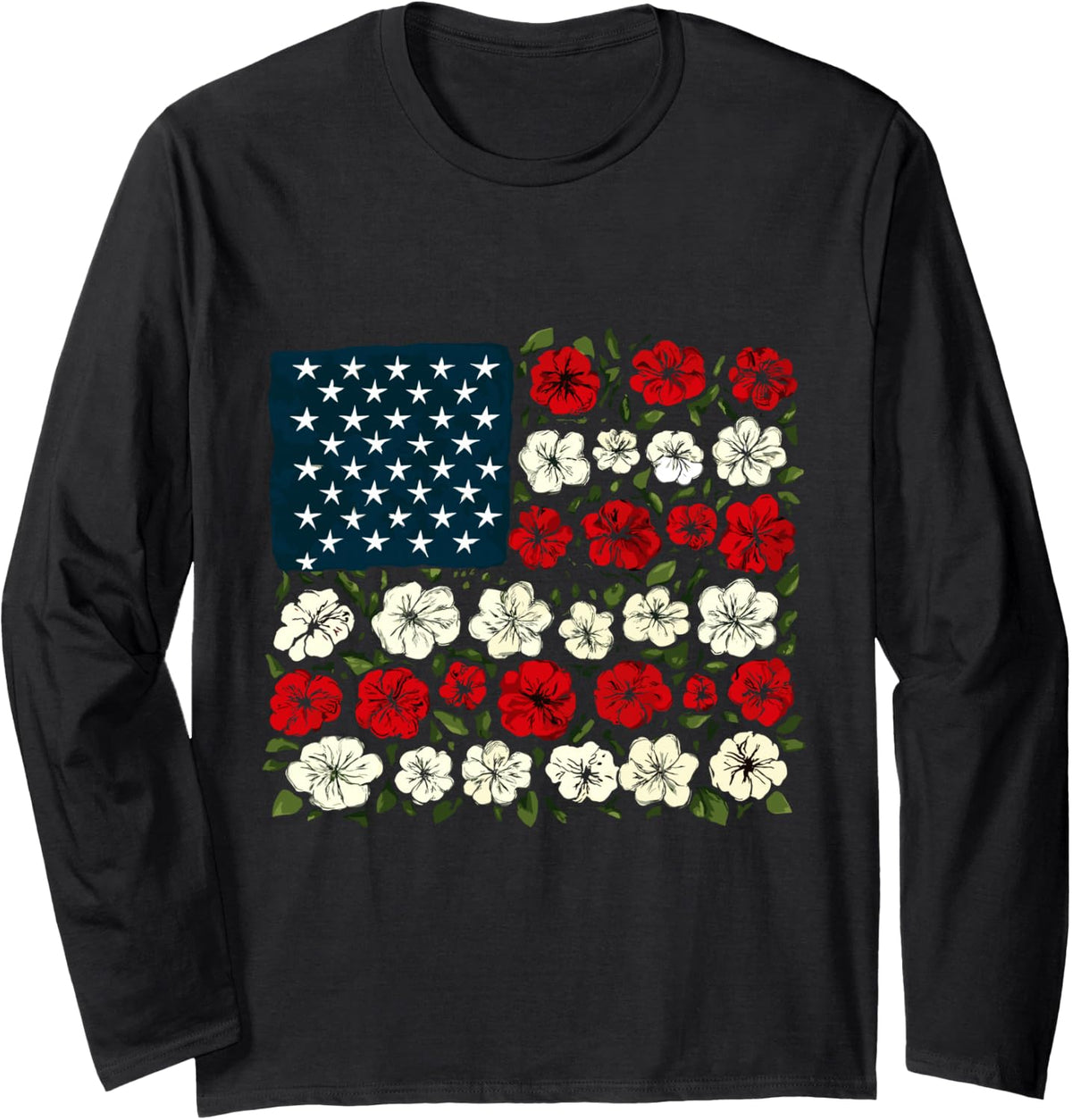 Floral American Flag Red White Blue USA Womens 4th of July Long Sleeve T-Shirt - Adult Unisex Black