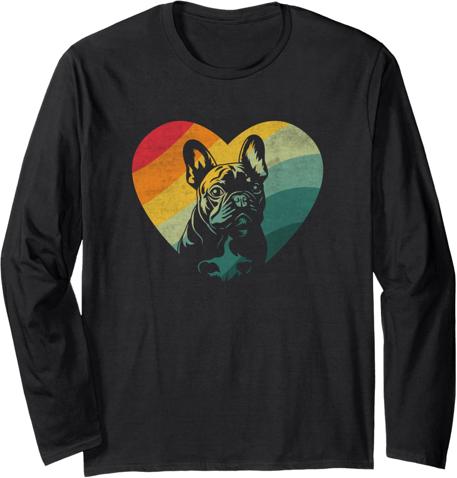 Retro Heart Design French Bulldog Dog Long Sleeve T-Shirt - Adult Unisex Black