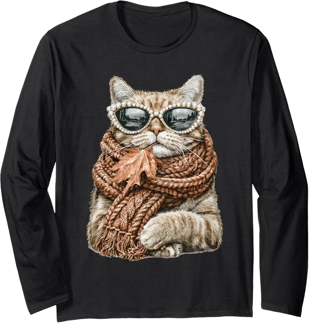 Glam Orange Tabby Cat with Sunglasses Boujee Animal Autumn Long Sleeve T-Shirt - Adult Unisex Black