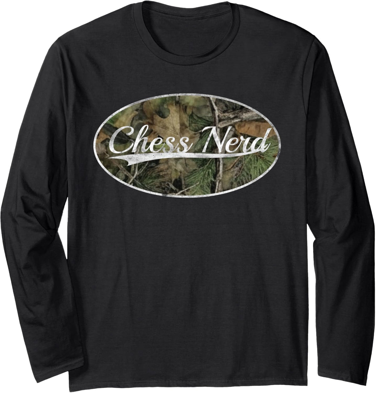 Chess Nerd Camo Classic Vintage Checkmate Player Graphic Long Sleeve T-Shirt - Adult Unisex Black