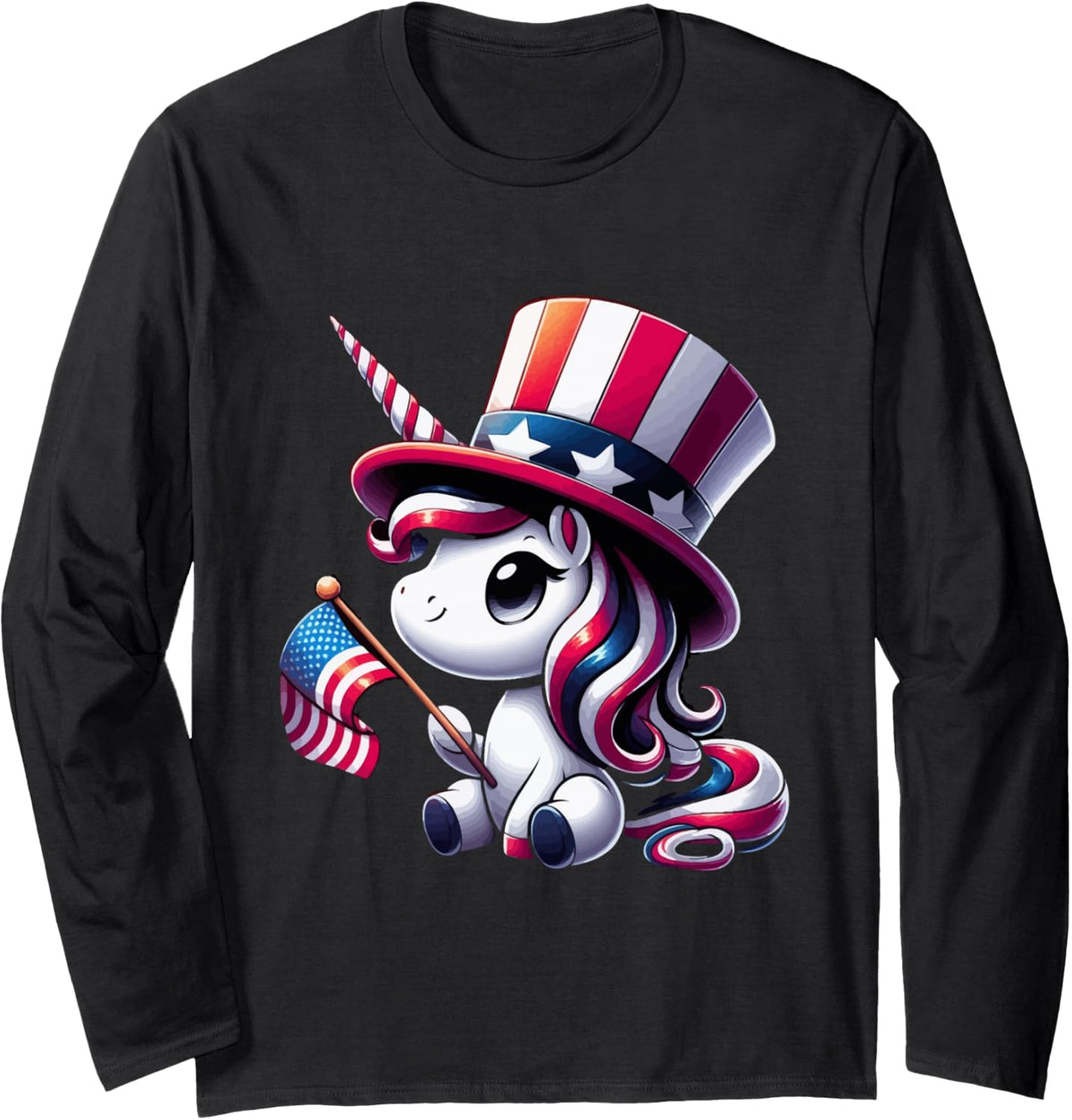 Dabbing Unicorn 4th of July Uncle Sam Girls American Flag Long Sleeve T-Shirt - Adult Unisex Black