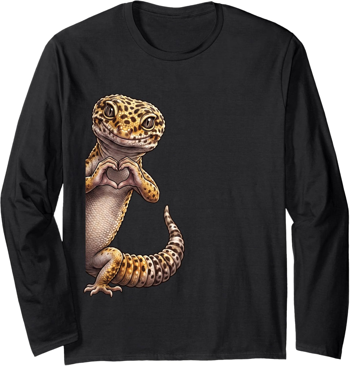 Funny Leopard Gecko Peeking Heart Sign Cute Valentines Long Sleeve T-Shirt - Adult Unisex Black