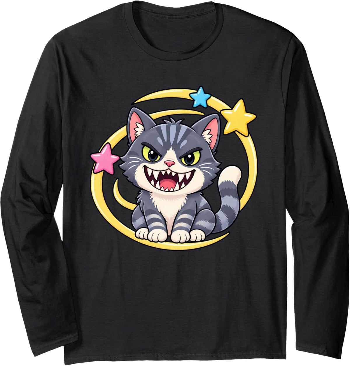 Cute Scary Gray Tabby Cat Stars Funny Kitty with Fangs Long Sleeve T-Shirt - Adult Unisex Black