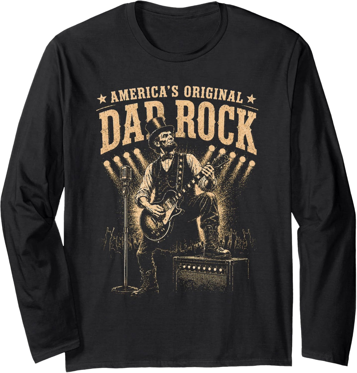 Abraham Lincoln USA Flag Funny US President Guitarist Long Sleeve T-Shirt - Adult Unisex Black