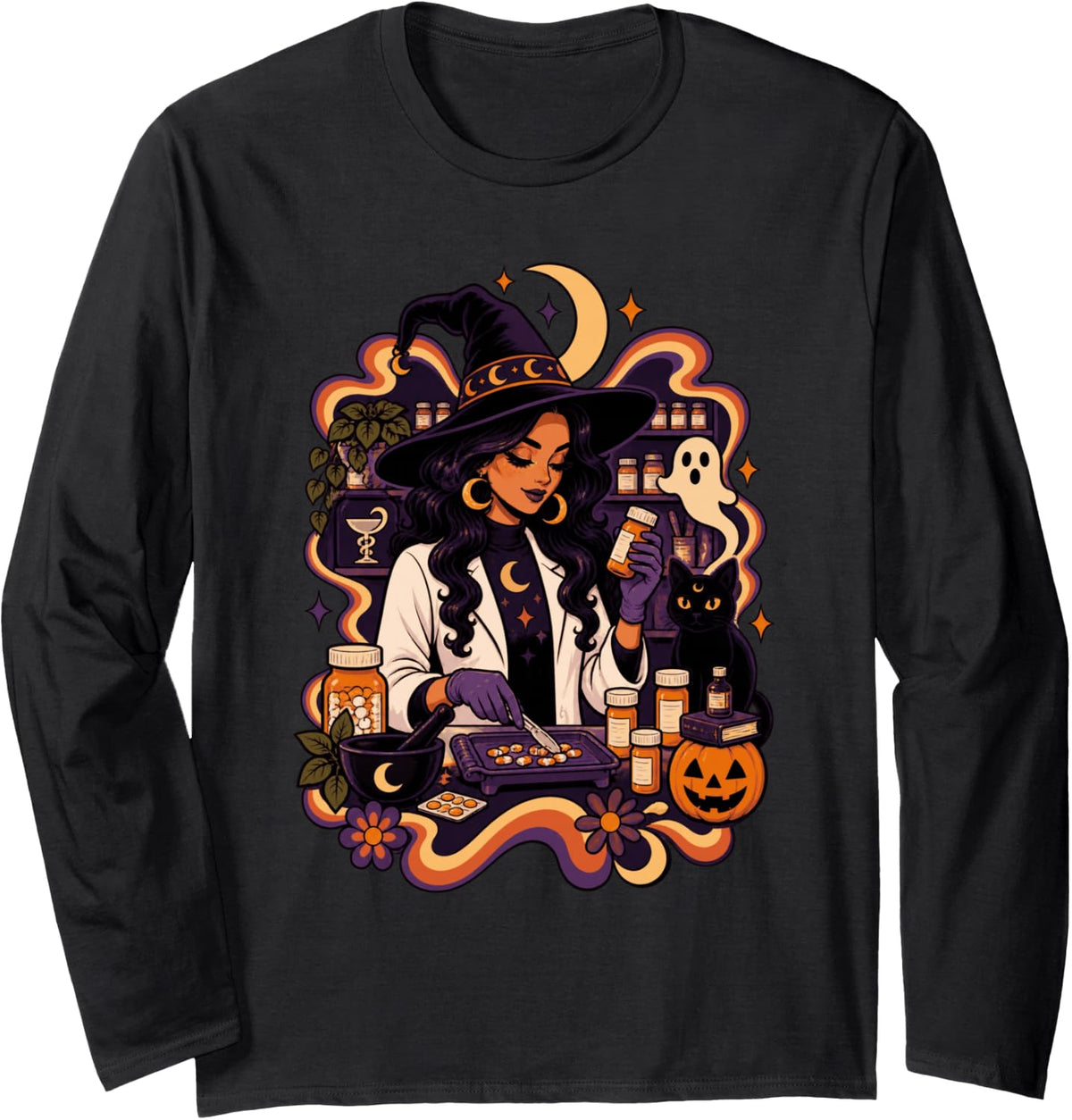 Witch Pharmacist Spooky Apothecary Halloween Potion Brewing Long Sleeve T-Shirt - Adult Unisex Black