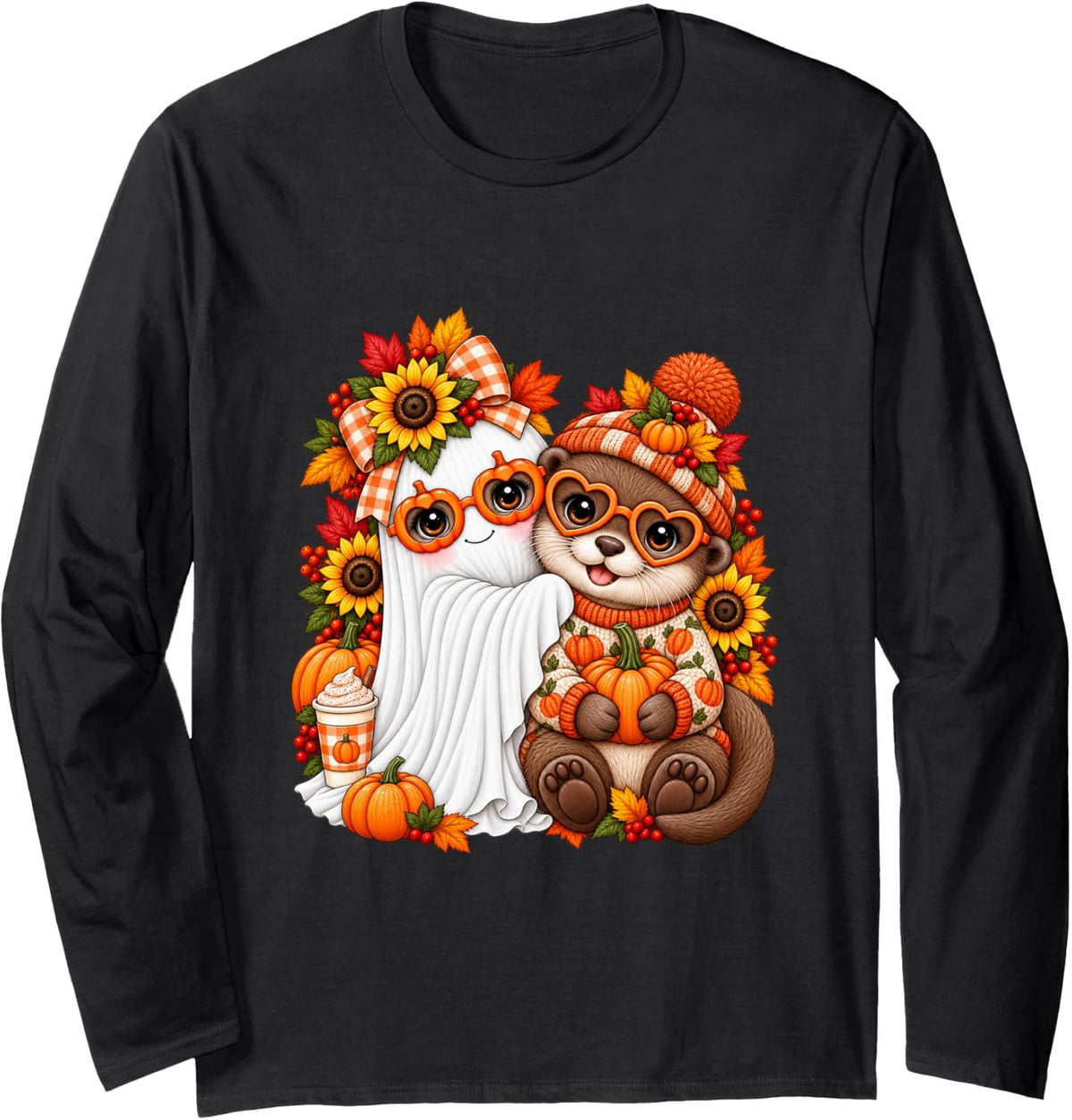 Cute Ghost Hugging Otter Spooky Fall Autumn Pumpkin Couples Long Sleeve T-Shirt - Adult Unisex Black
