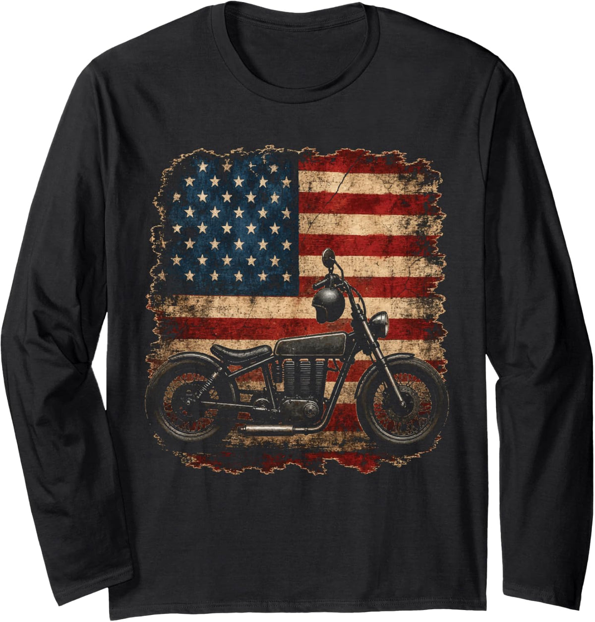 American Flag Motorcycle Bobber Patriotic Biker Art Long Sleeve T-Shirt - Adult Unisex Black