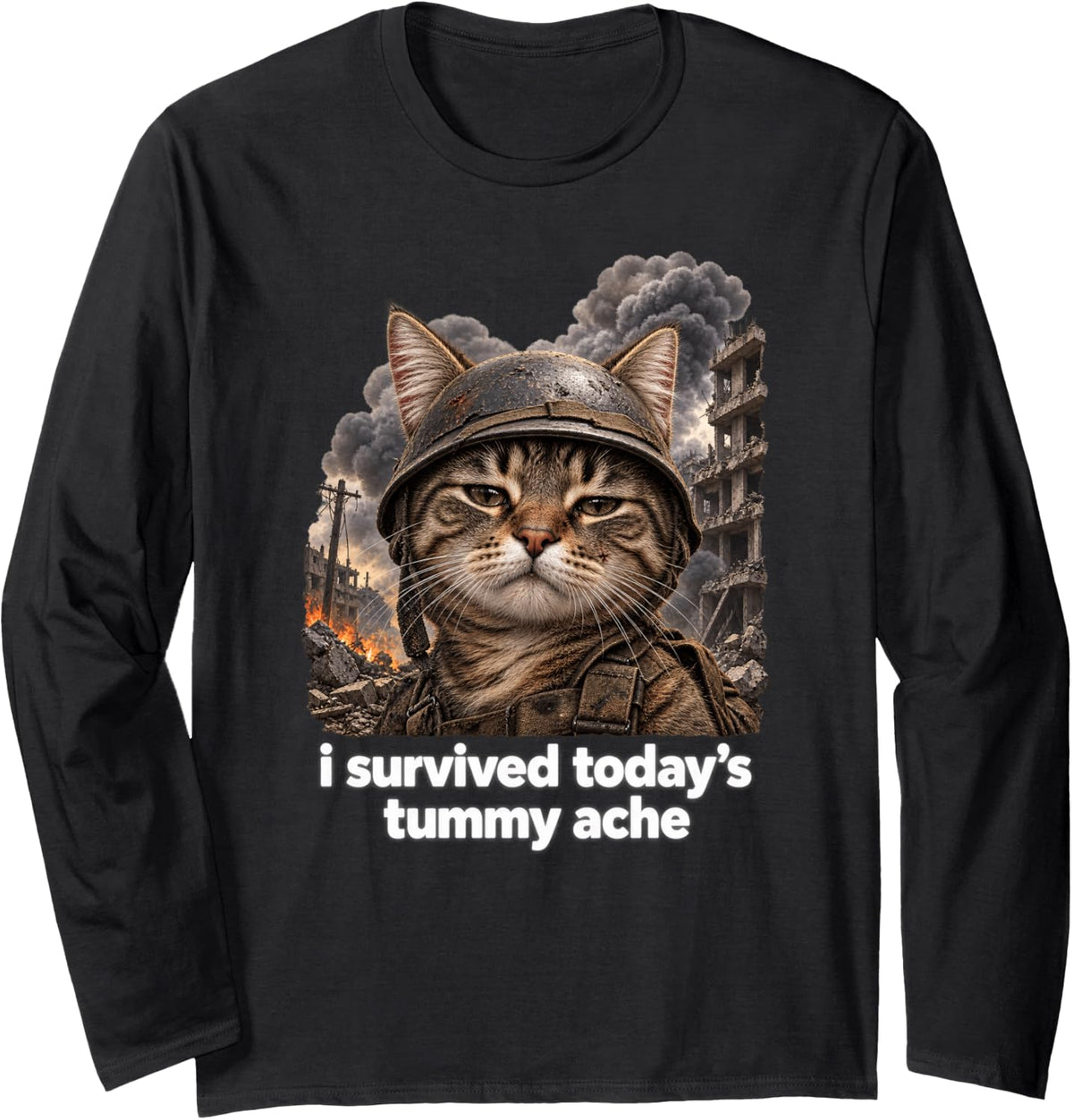 I Survived Today's Tummy Ache Tabby Cat Soldier Smoke Long Sleeve T-Shirt - Adult Unisex Black