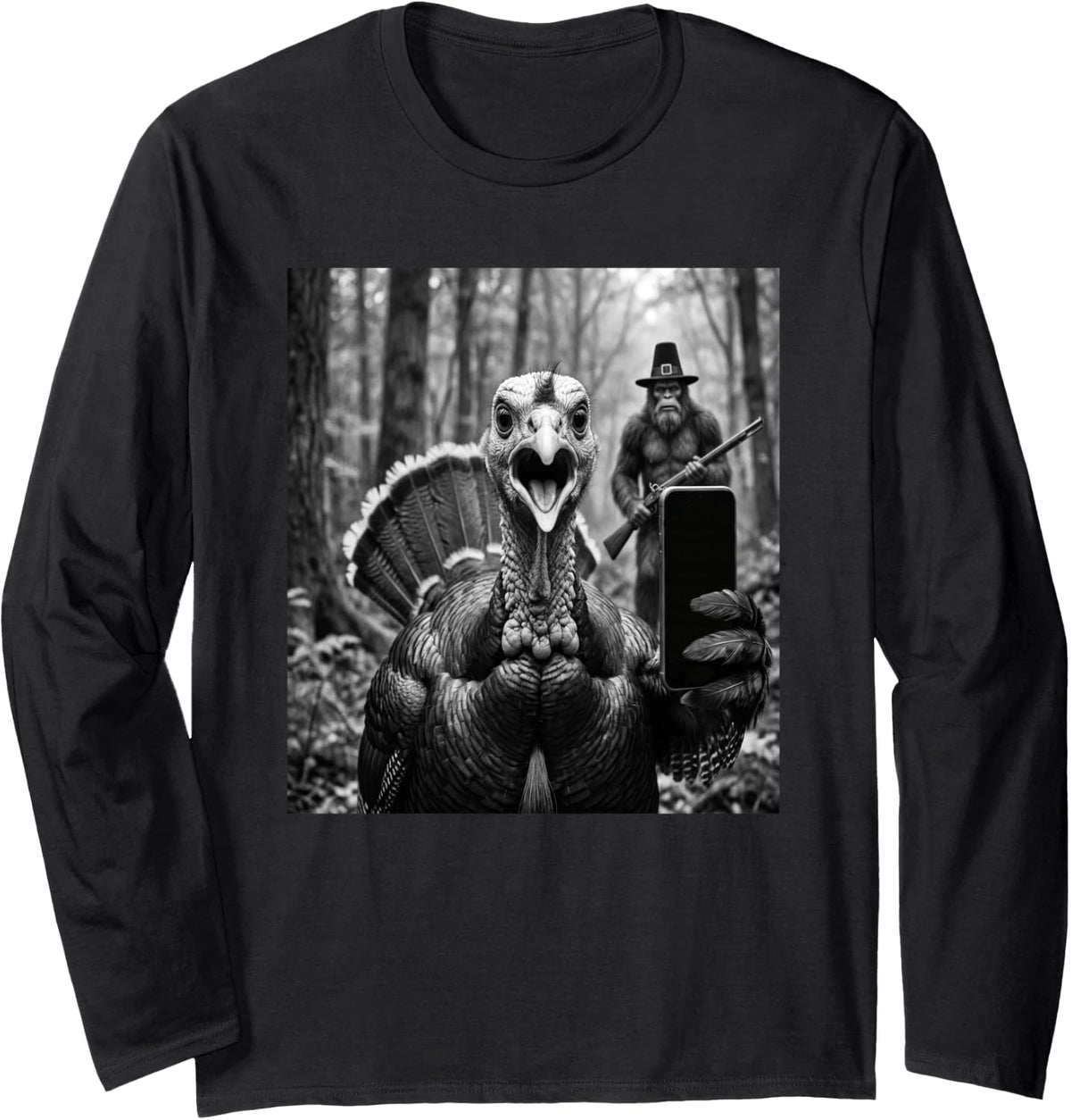 Turkey Selfie with Big Foot Hunting, Funny Thanksgiving Long Sleeve T-Shirt - Adult Unisex Black