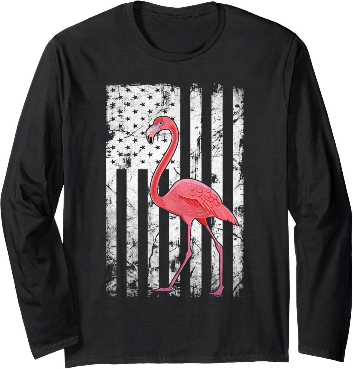 Vintage American Flag Pink Flamingo Patriotic 4th Of July Long Sleeve T-Shirt - Adult Unisex Black