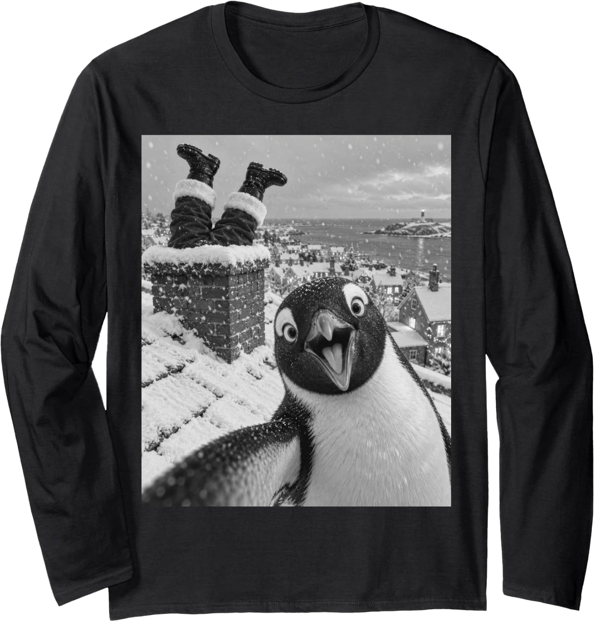 Penguin Selfie Santa Chimney Funny Christmas Winter Holiday Long Sleeve T-Shirt - Adult Unisex Black
