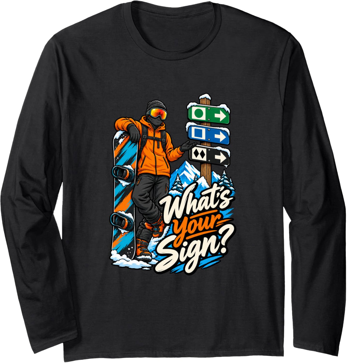 Funny Skiing Snowboarding Fan Trail Sign Winter Sports Long Sleeve T-Shirt - Adult Unisex Black