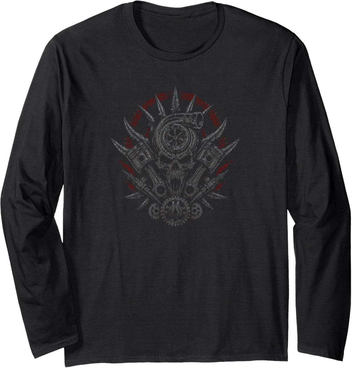 Diesel Mechanic Skull Gothic Industrial Art Long Sleeve T-Shirt - Adult Unisex Black