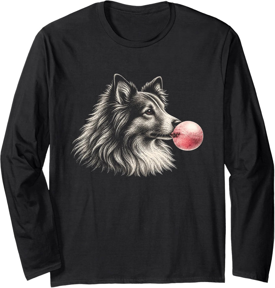 Shetland Sheepdog Pink Bubble Gum Cute Dog Lover Graphic Long Sleeve T-Shirt - Adult Unisex Black