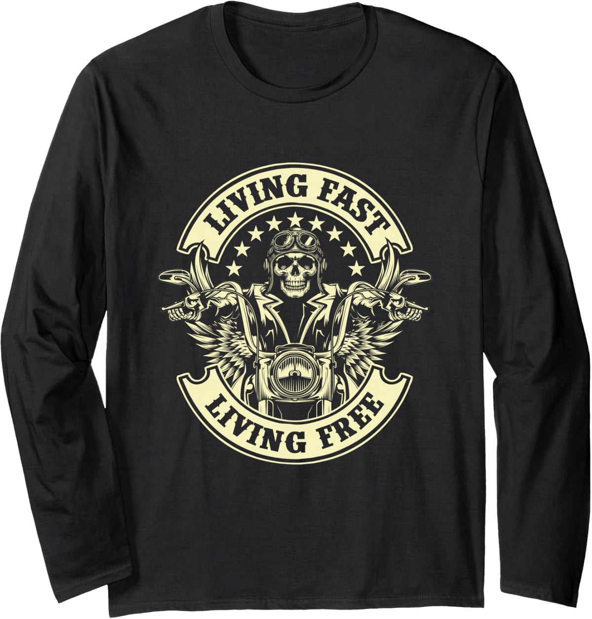 Living Fast Living Free - Biker Motorcycle Motorcycling Long Sleeve T-Shirt - Adult Unisex Black