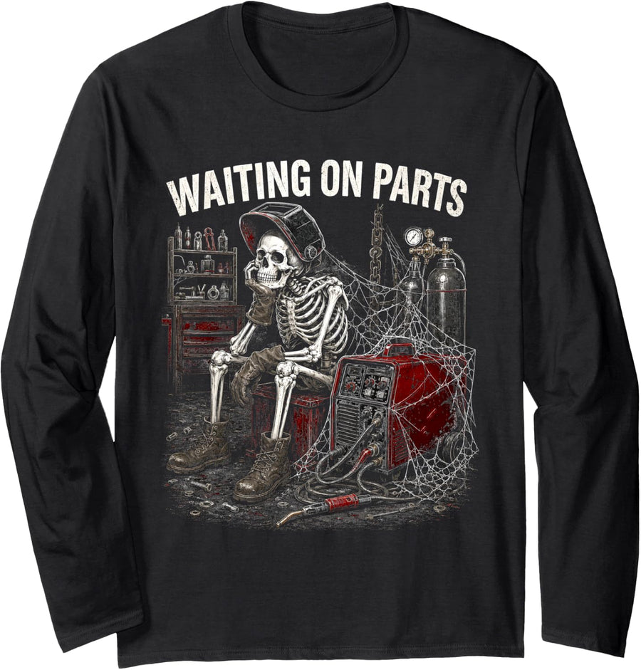 Welder Waiting On Parts Skeleton Halloween Welding Humor Long Sleeve T-Shirt - Adult Unisex Black