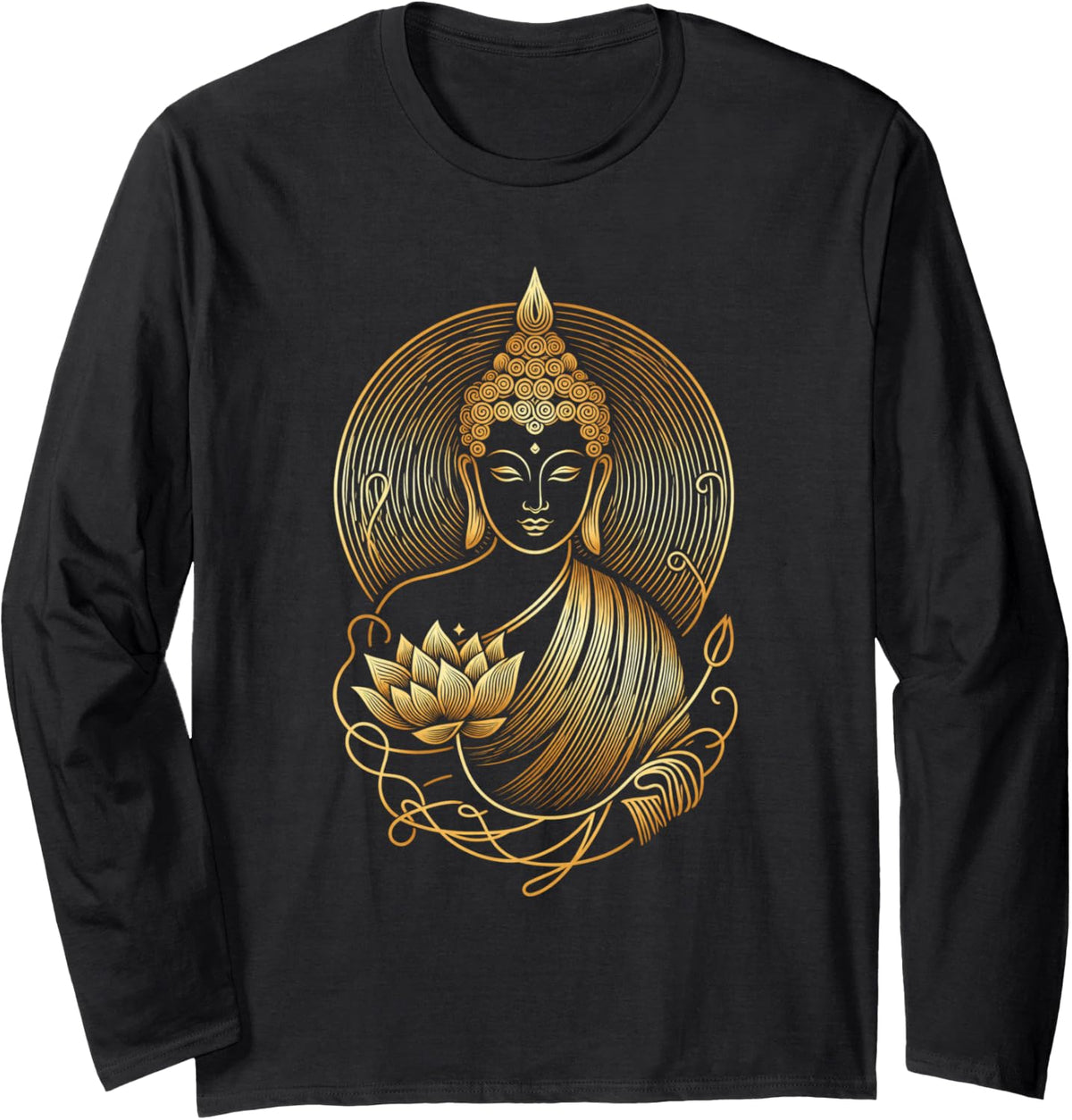 Golden Buddha Lotus Meditation Zen Spiritual Design Long Sleeve T-Shirt - Adult Unisex Black