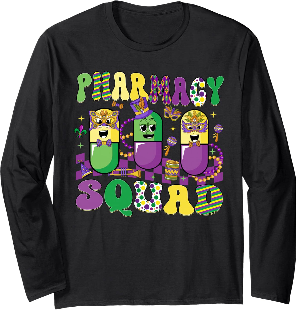 Pharmacy Squad Mardi Gras Carnival Pharmacy Technician Long Sleeve T-Shirt - Adult Unisex Black