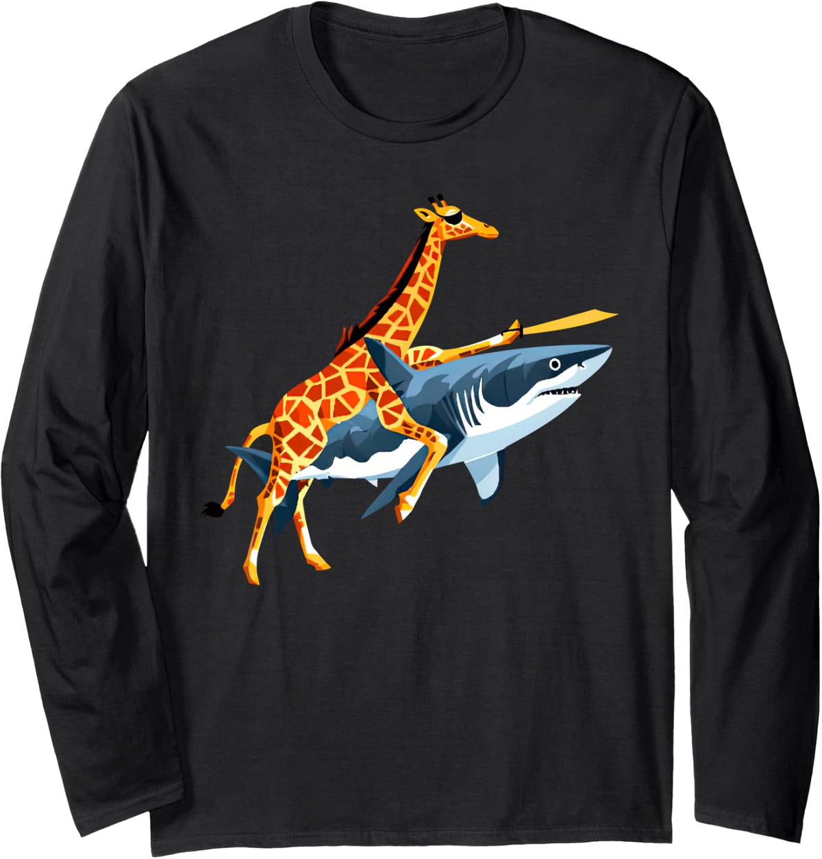 Retro Giraffe Riding Shark Funny Animal Lover Graphic Long Sleeve T-Shirt - Adult Unisex Black