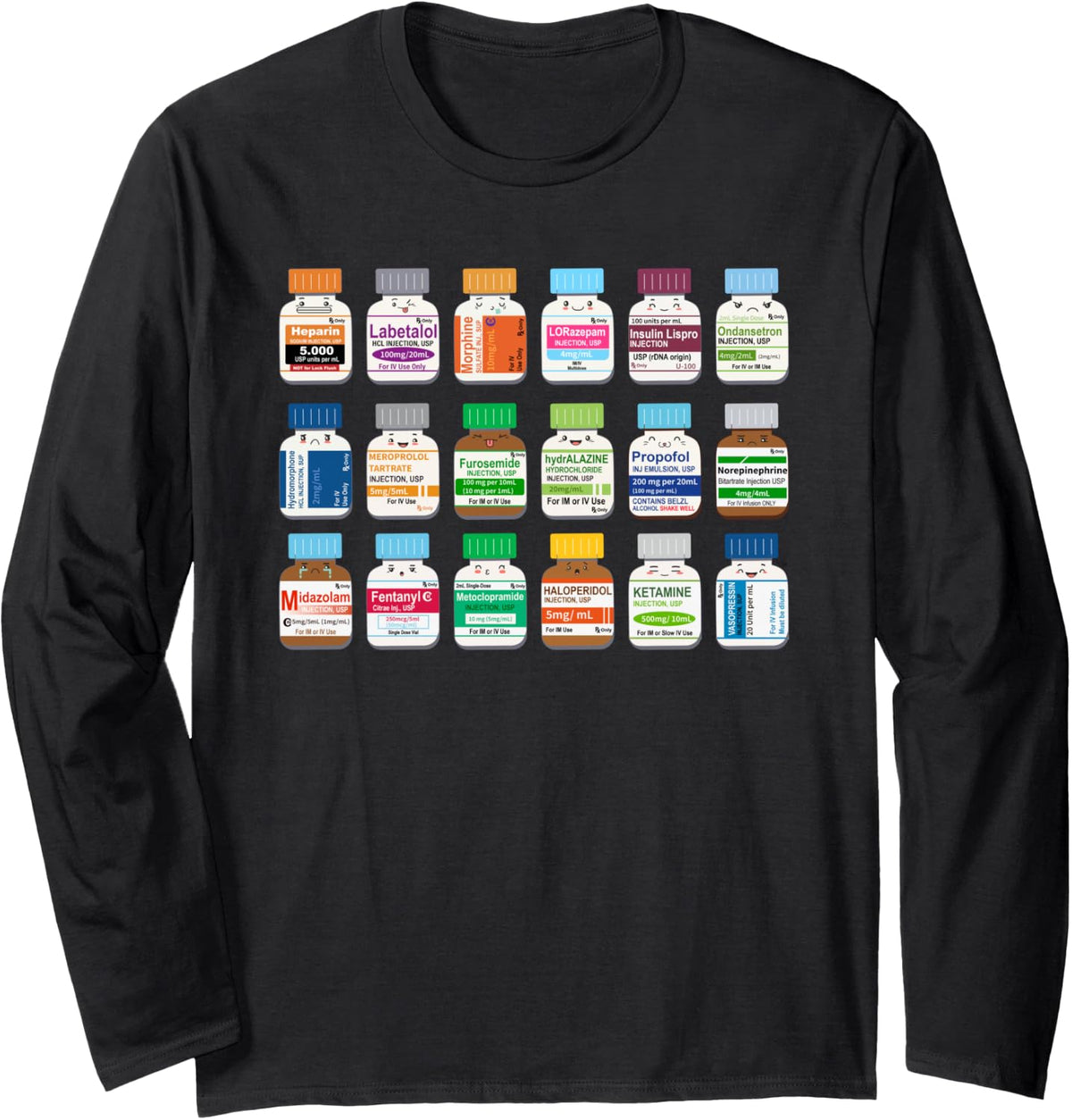 Medication Vial Medical Bottles Nurse Pharmacy Pharmacists Long Sleeve T-Shirt - Adult Unisex Black
