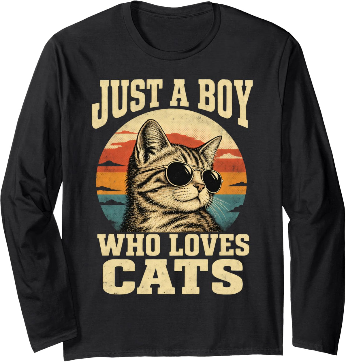 Retro Tabby Kitten in Aviator Sunglasses 70s Sunset Long Sleeve T-Shirt - Adult Unisex Black