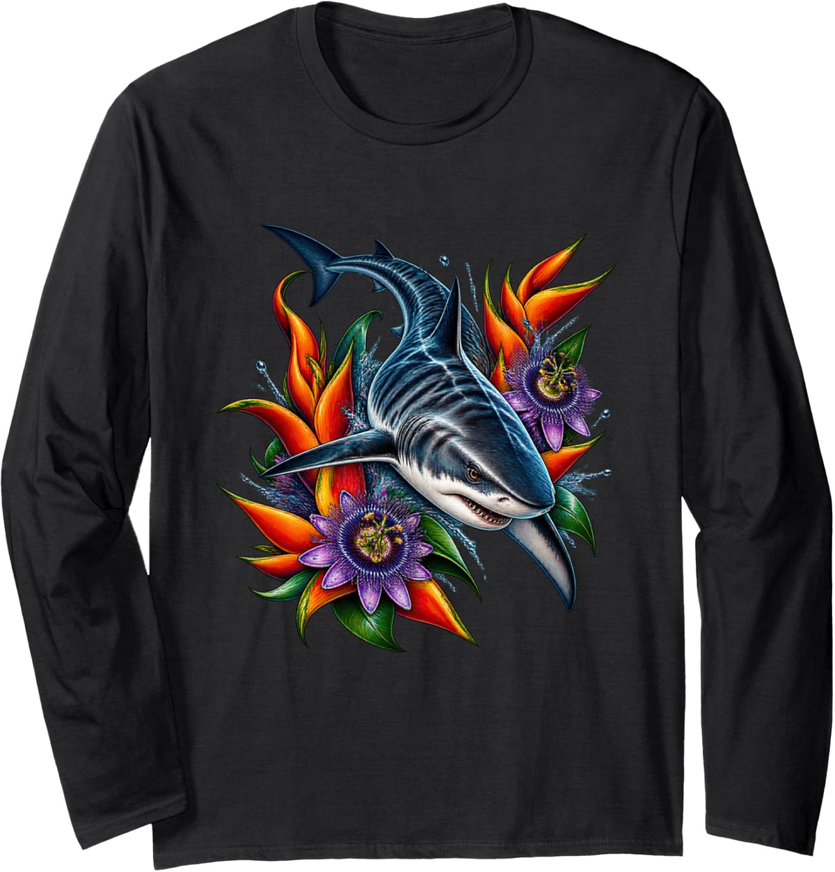 Tiger Shark with Orange Heliconia and Purple Passionflowers Long Sleeve T-Shirt - Adult Unisex Black