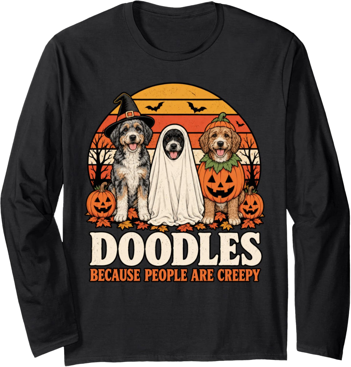 Doodles Because People are Creepy Halloween Aussiedoodle Dog Long Sleeve T-Shirt - Adult Unisex Black
