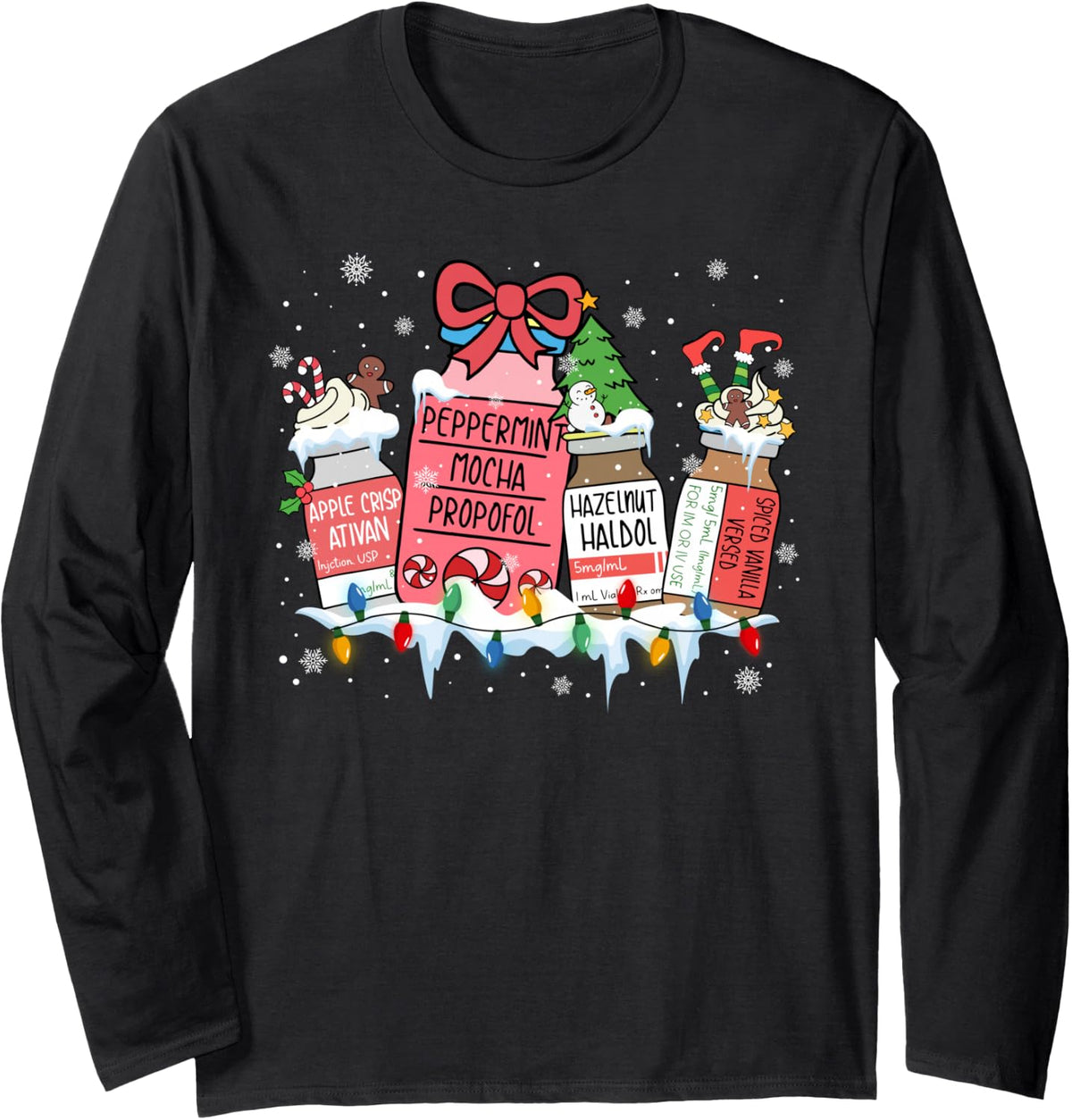 Pharmacy Crew Christmas Pharmacist Medicine Reindeer Bow Long Sleeve T-Shirt - Adult Unisex Black