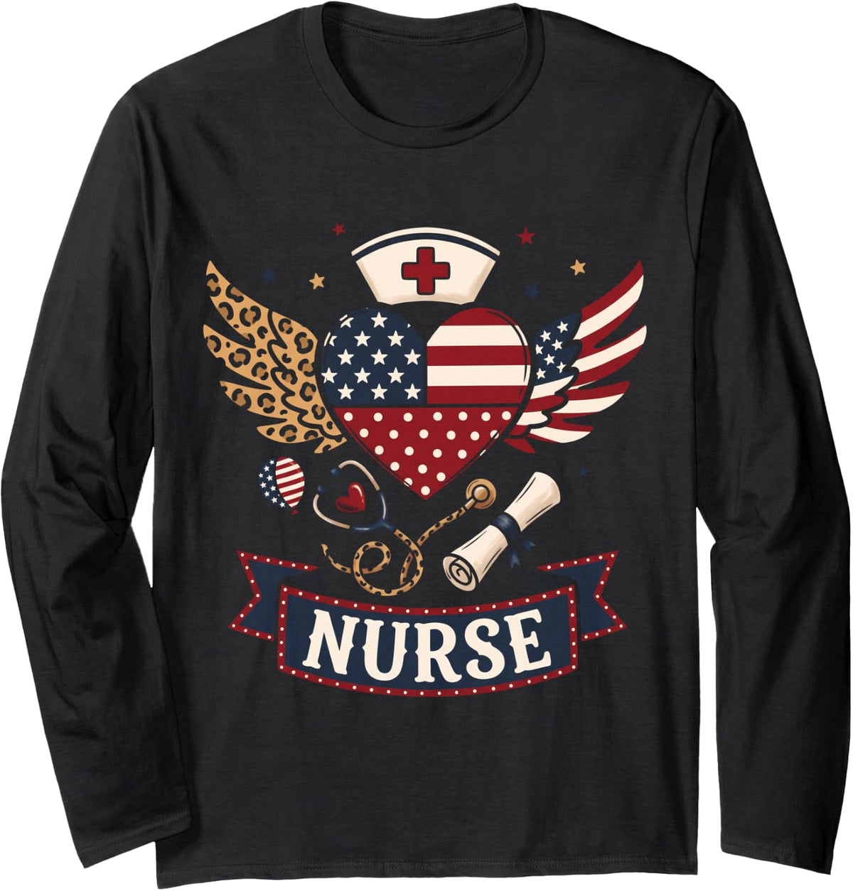 Nurse Banner Patriotic Winged Heart Diploma Long Sleeve T-Shirt - Adult Unisex Black