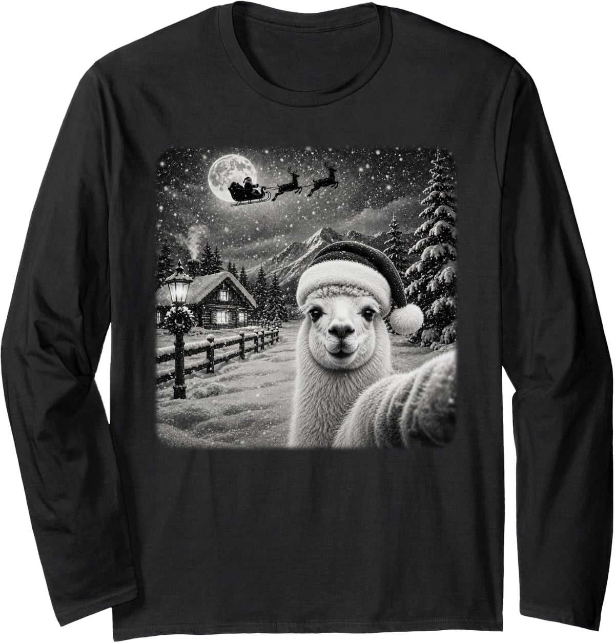 Xmas Moon Night Starry Santa Sleigh Llama Alpaca Christmas Long Sleeve T-Shirt - Adult Unisex Black