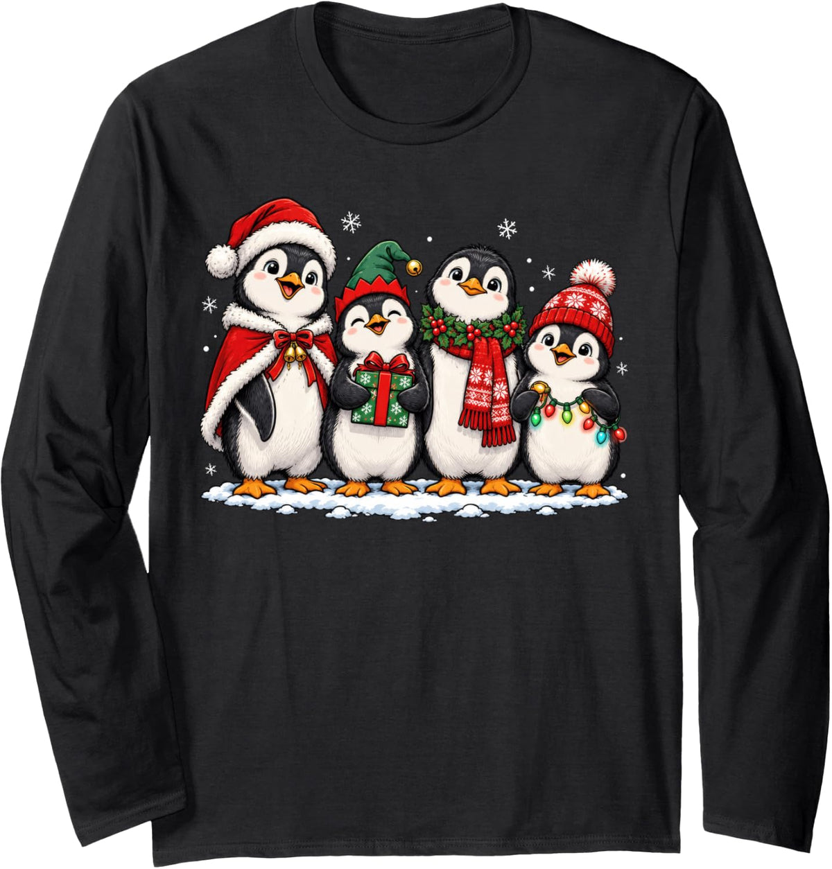 Christmas Penguins Santa Elf Winter Snow Holiday Family Long Sleeve T-Shirt - Adult Unisex Black