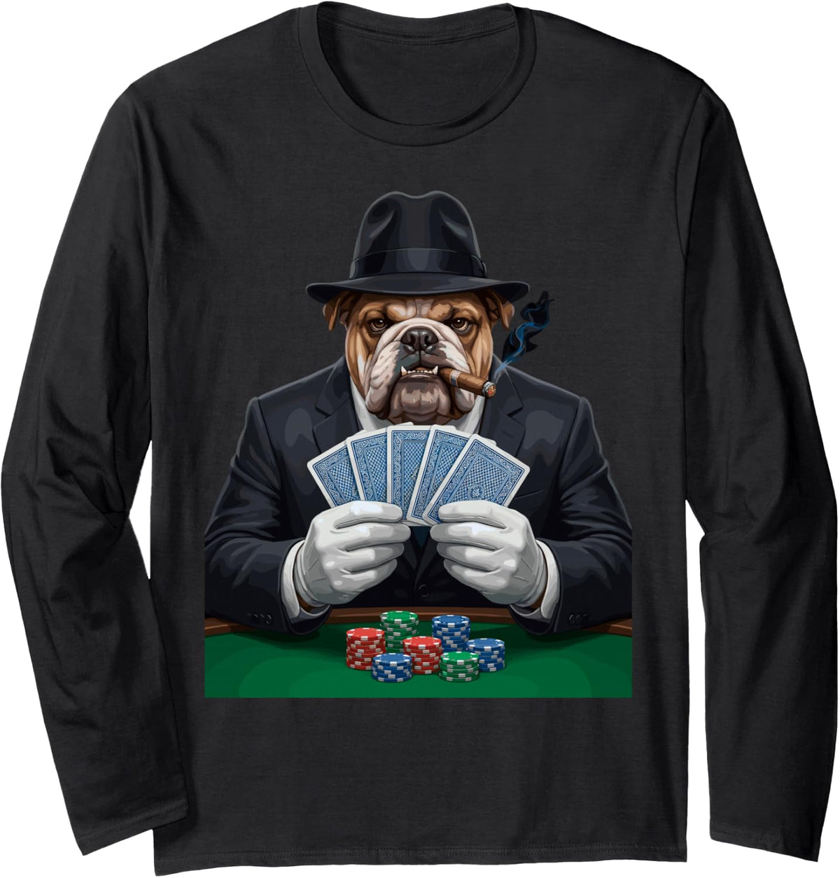 Bulldog Gangster Poker Player Poker Chips Playing Cards Tee Long Sleeve T-Shirt - Adult Unisex Black