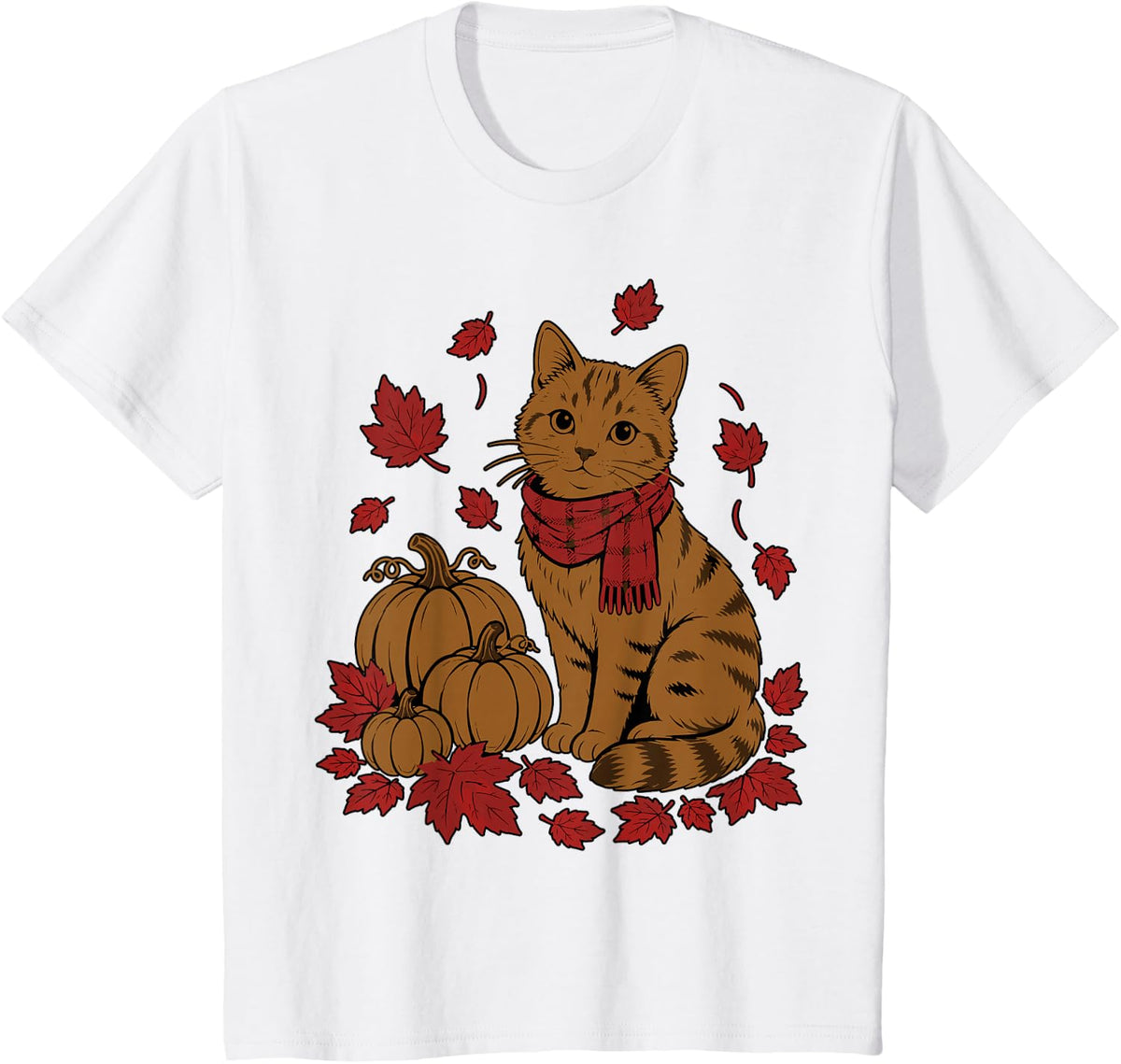 Autumn Tabby Cat Pumpkins and Maple Leaves T-Shirt - White