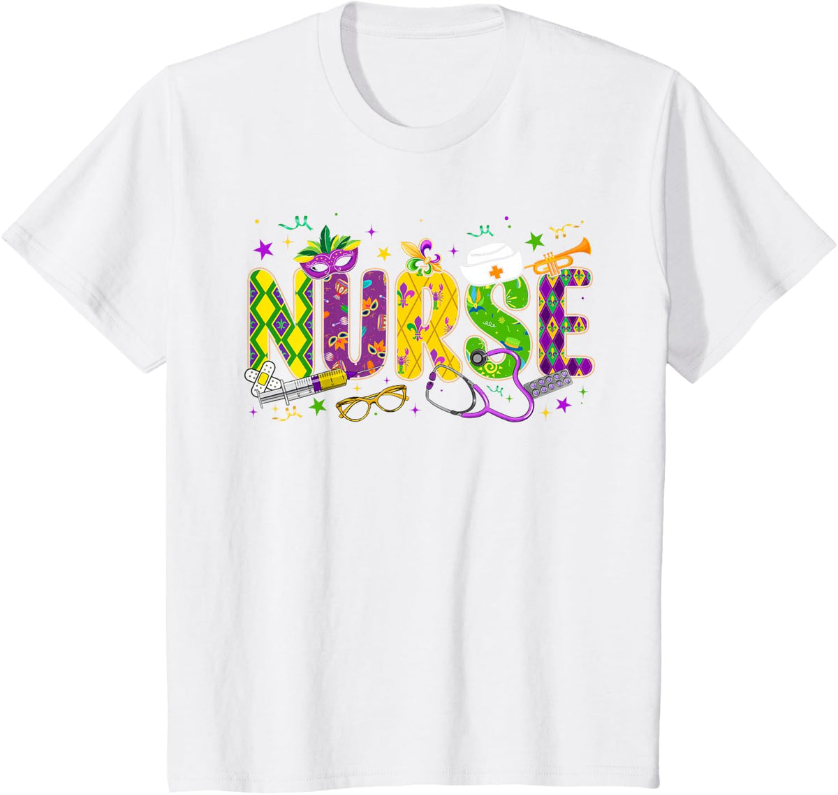 Funny Nurse Mardi Gras Scrub Top Nursing Women Girls Kids T-Shirt - White
