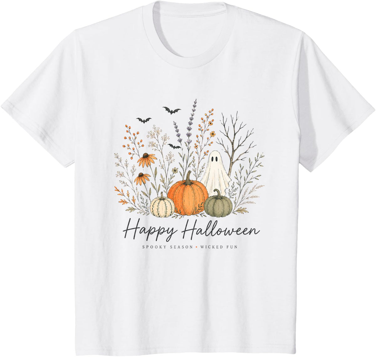 Pumpkins Ghost Spooky Season Floral Happy Halloween Women T-Shirt - White