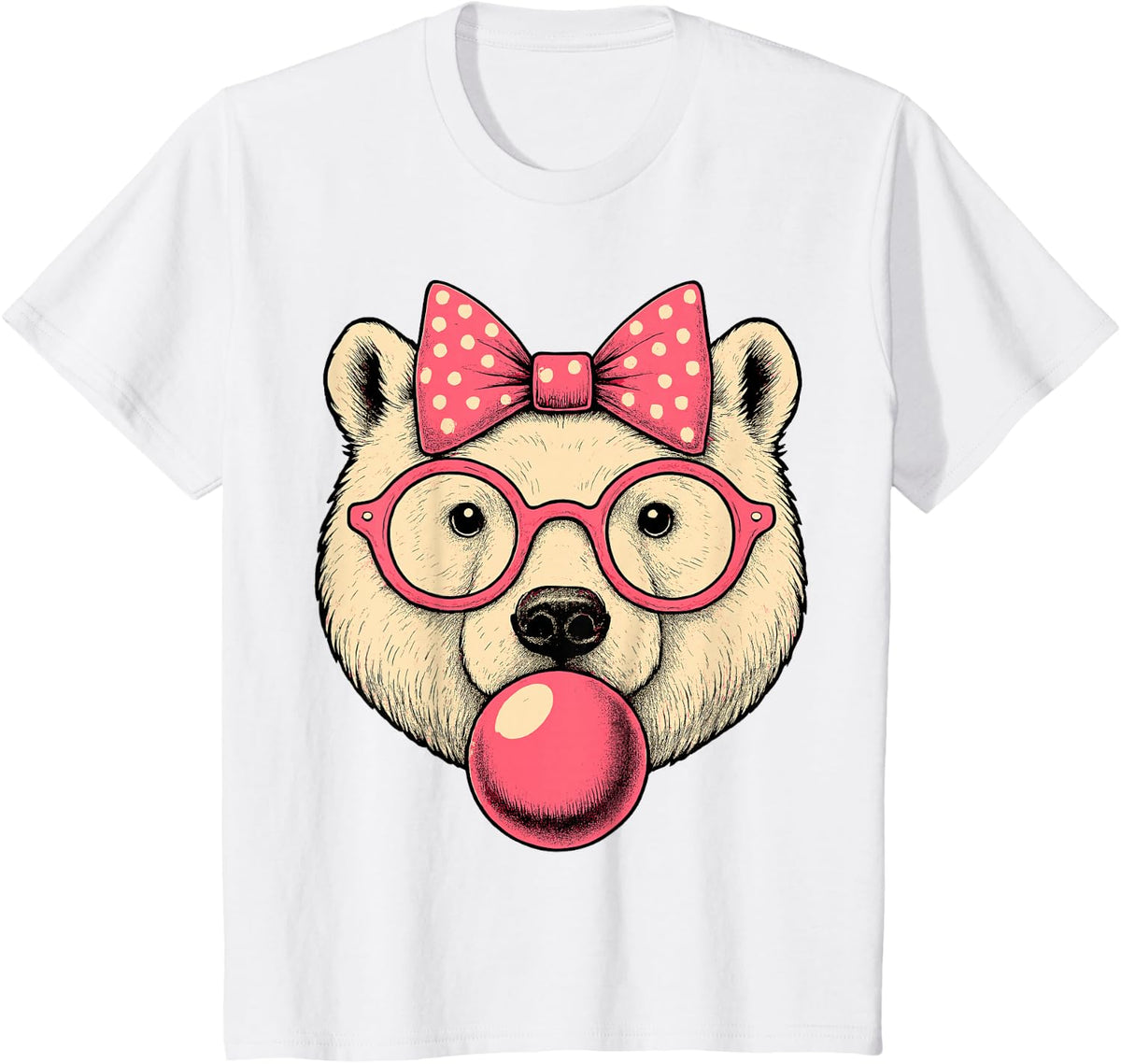 Polar Bear with Bubblegum and Pink Bow T-Shirt - White