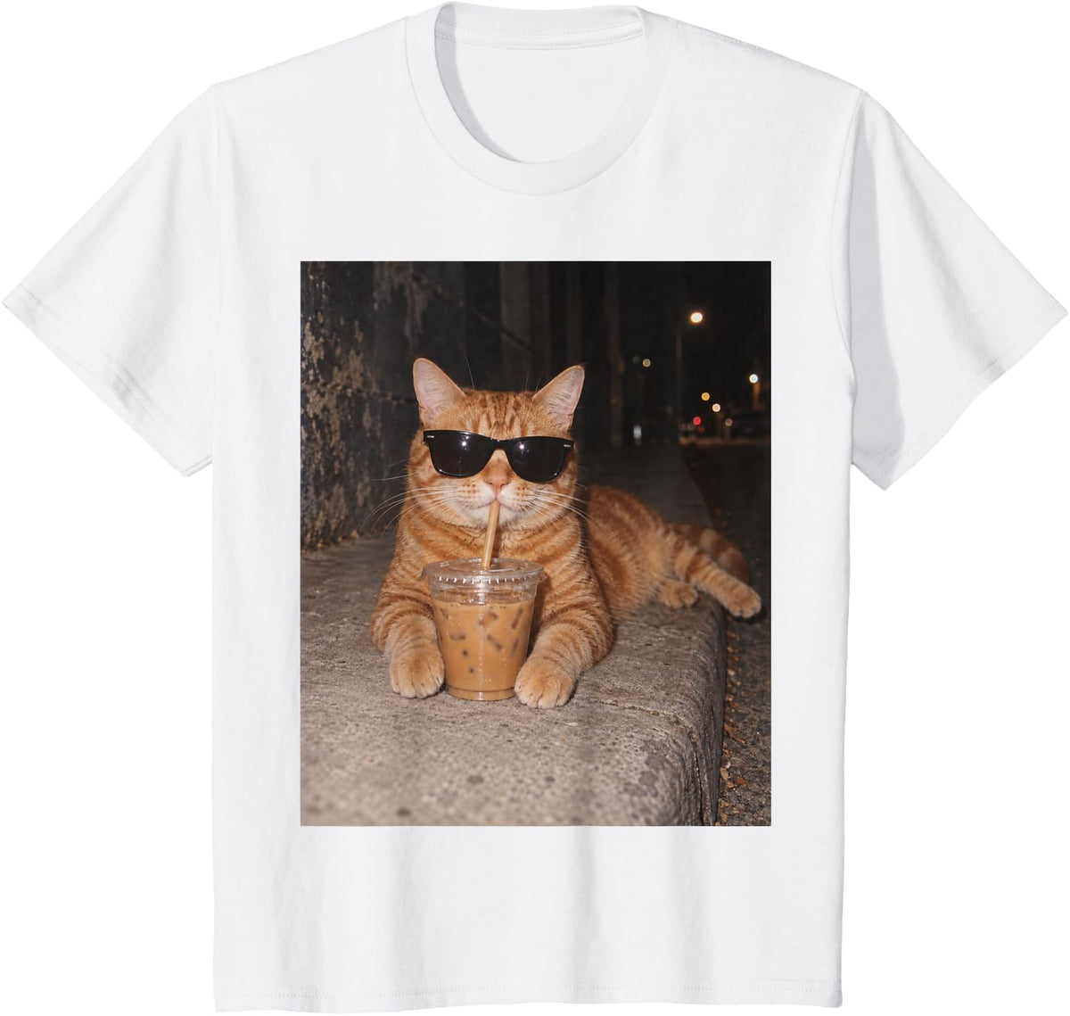 Funny Orange Tabby Cat Drinking Iced Coffee Sunglasses T-Shirt - White