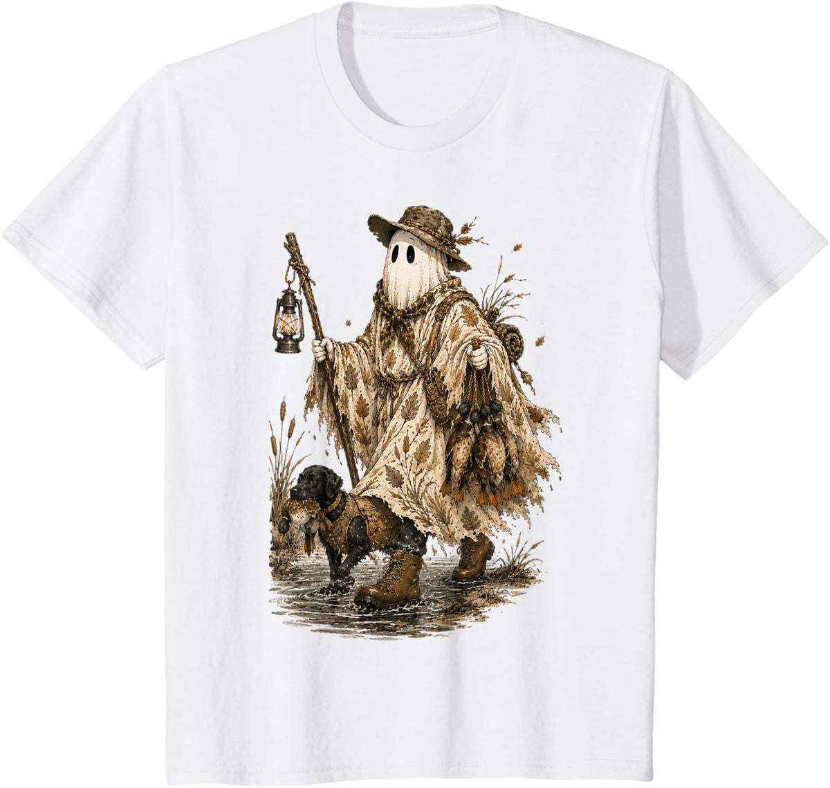 Halloween Duck Hunter Ghost Hunting Dad Papa Son Camo T-Shirt - White